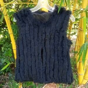 Real FUR VEST Sleeveless Jacket Black SZ M Knit Lining NWOT Rabbit Hook Closure